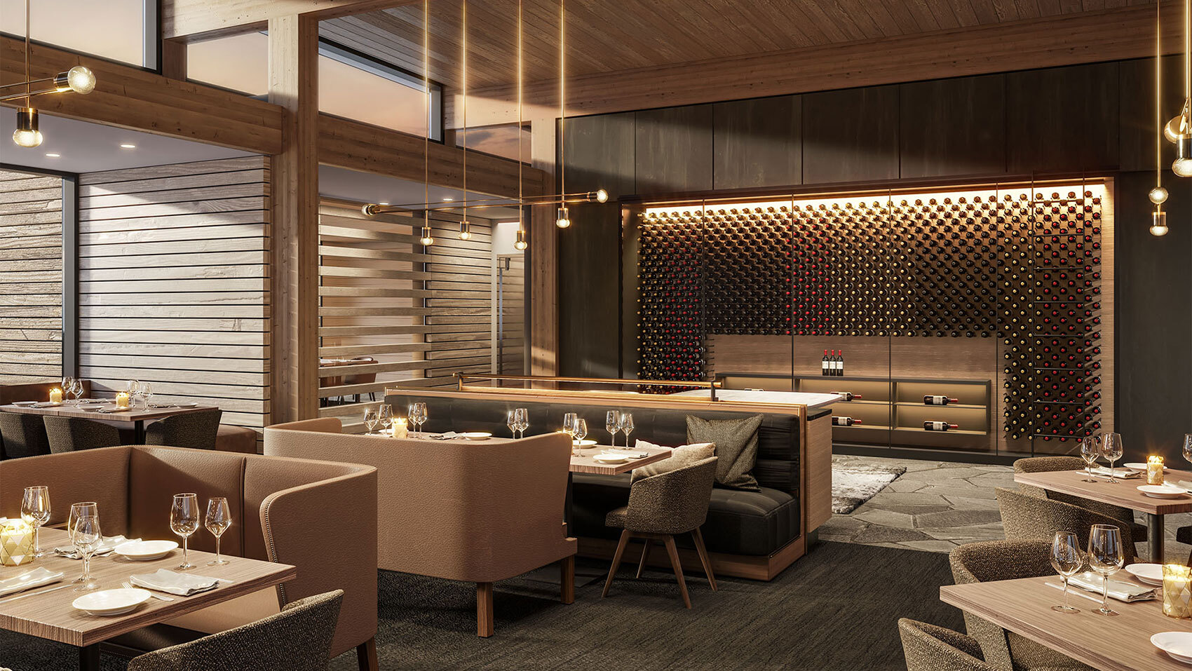 CCY Architects Eglise Lodge Wine Wall From Dining Thumbnail